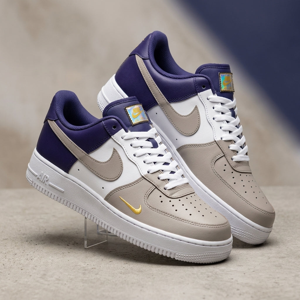 Hand Painted Custom Taupe Navy Gold Air Force 1 Sneakers