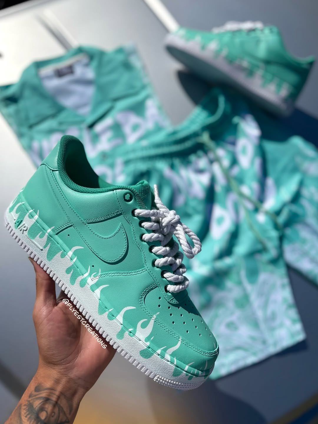 Hand Painted Mint Green Flame Custom Air Force 1 Sneakers