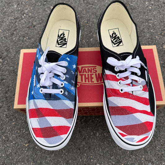 American Flag Patriotic Red White And Blue - Black Vans Authentic Shoes Custom