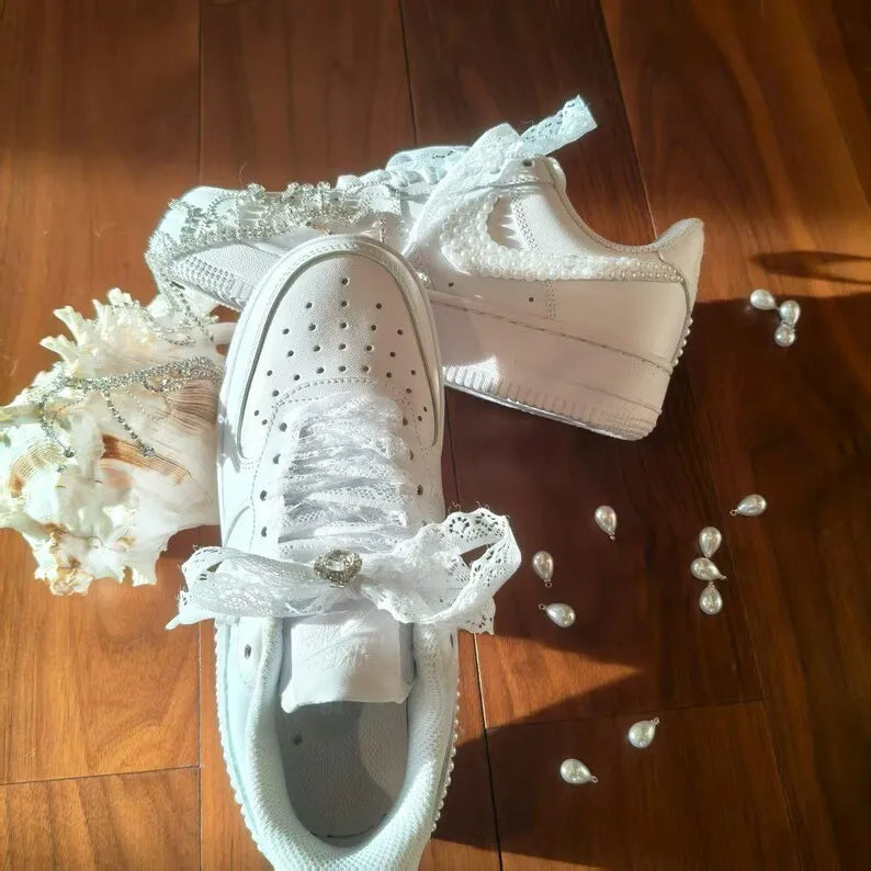 Personalized Bride & Groom Wedding Custom Sneakers, Custom Air Force 1 Pearl Bridal Shoes for Newlywed Wifey and Husband