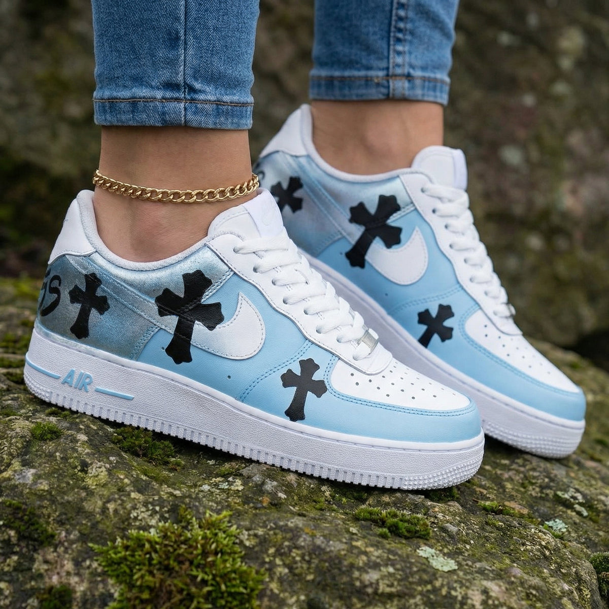 Black Crosses Baby Blue Silver Custom Air Force 1
