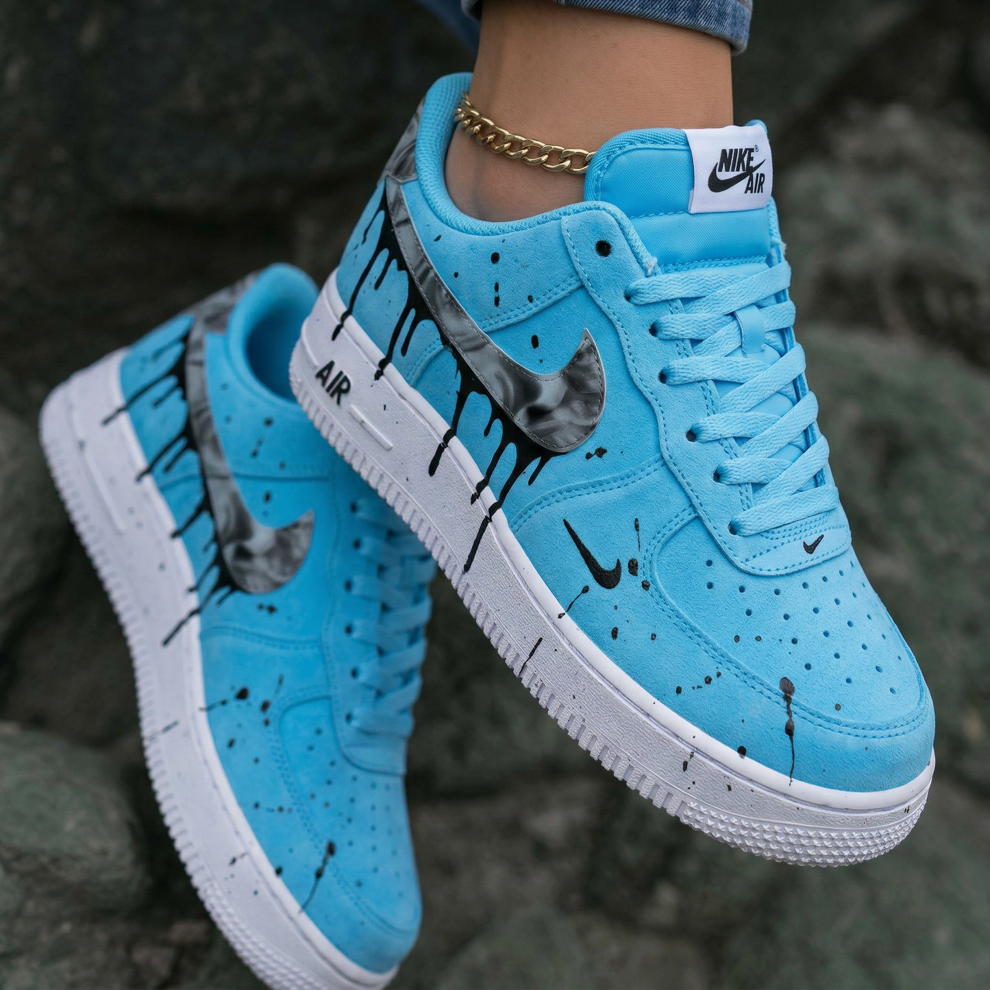 Black Drip Paint Splatter Marble Swoosh Baby Blue Custom Air Force 1