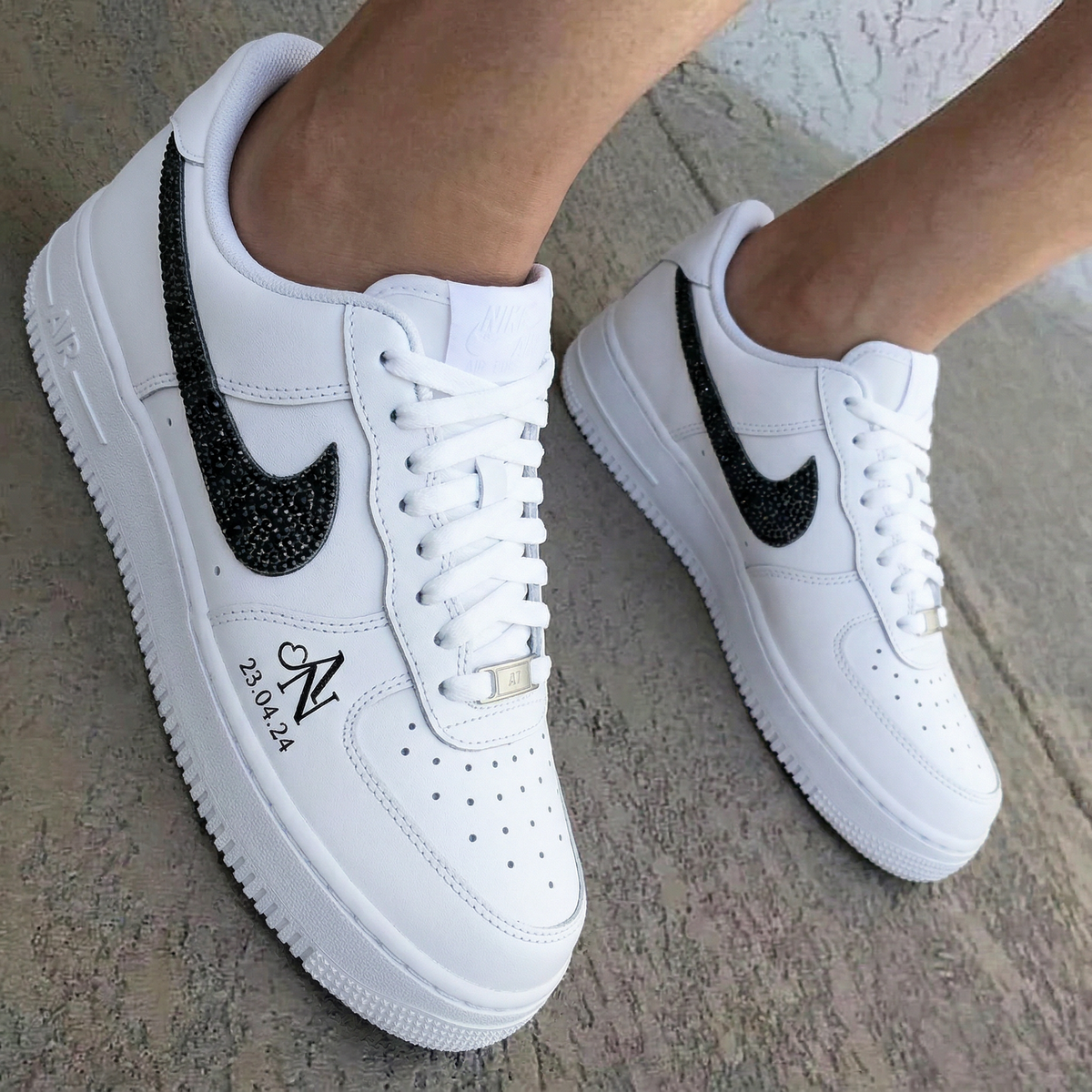 Black Rhinestone Swoosh Initials Date Custom Air Force 1
