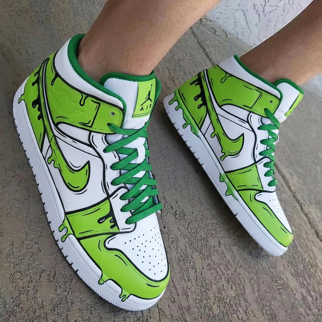Cartoon Drip White Green Custom Air Jordan 1