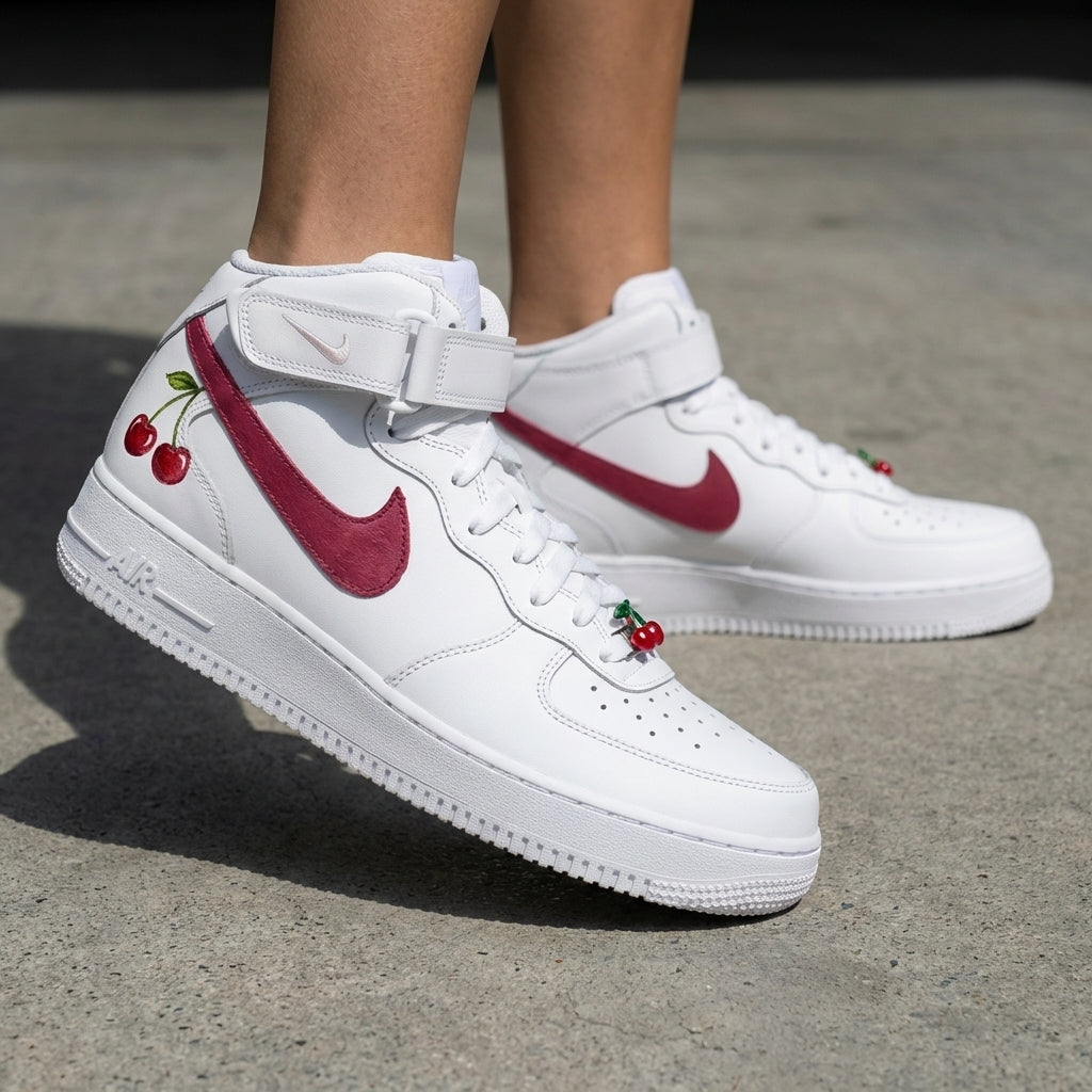 Cherry Embroidered White Burgundy Custom Air Force 1