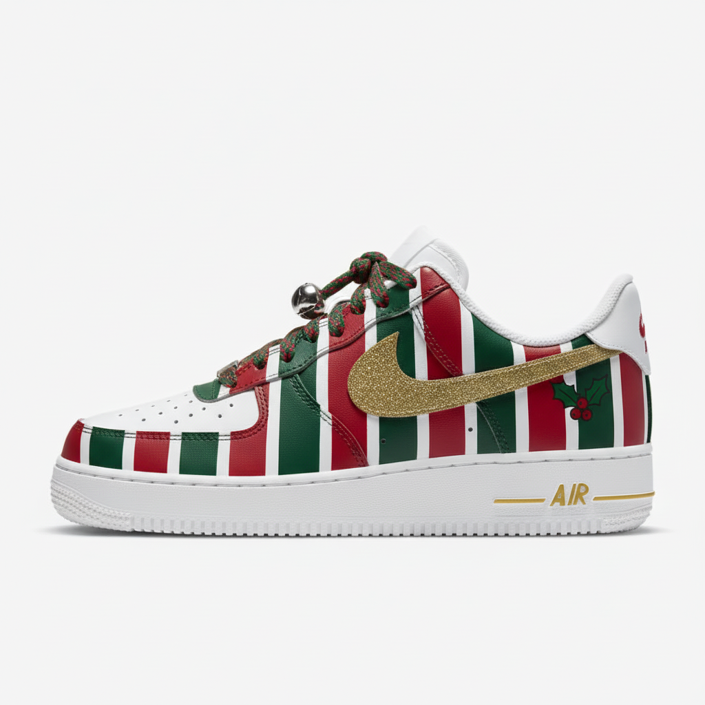 Custom Air Force 1 White Red Green Stripes Christmas Theme
