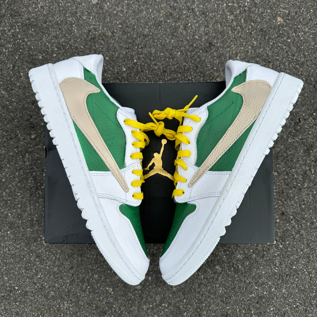 Custom Jordans Travis Scott White Green And Yellow With Beige Swoosh