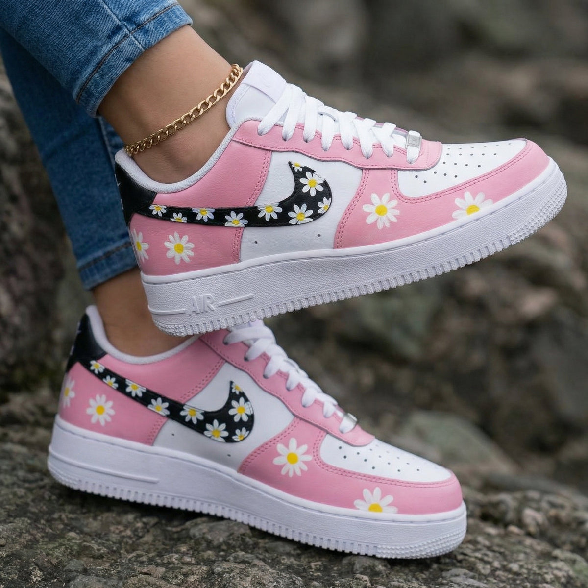 Daisies Baby Pink Black Custom Air Force 1