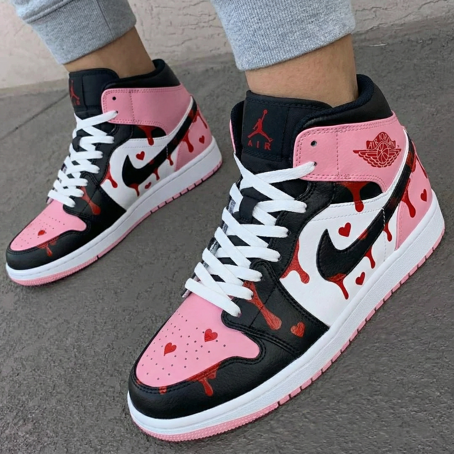 Heart Drip Pattern Baby Pink Black White Custom Air Jordan 1