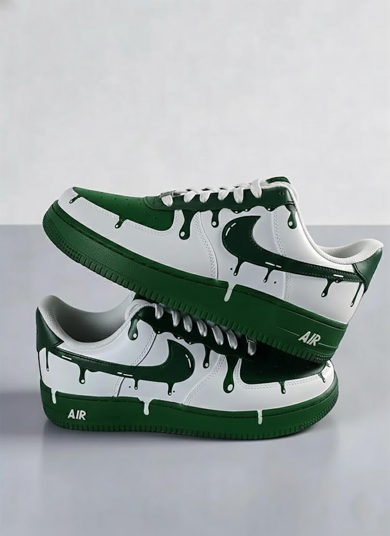 Unique Hand Painted Dark Green Drip Effect Custom Air Force 1 Custom Sneakers Unisex White Green Casual Streetwear Fashion Shoes for Men & Women