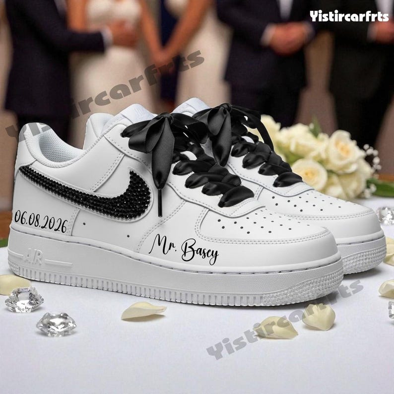 Custom Air Force 1 Personalized Wedding Shoes, Custom Name & Wedding Date Black Rhinestone Swoosh Satin Bow Laces Bride Groom Custom Sneakers