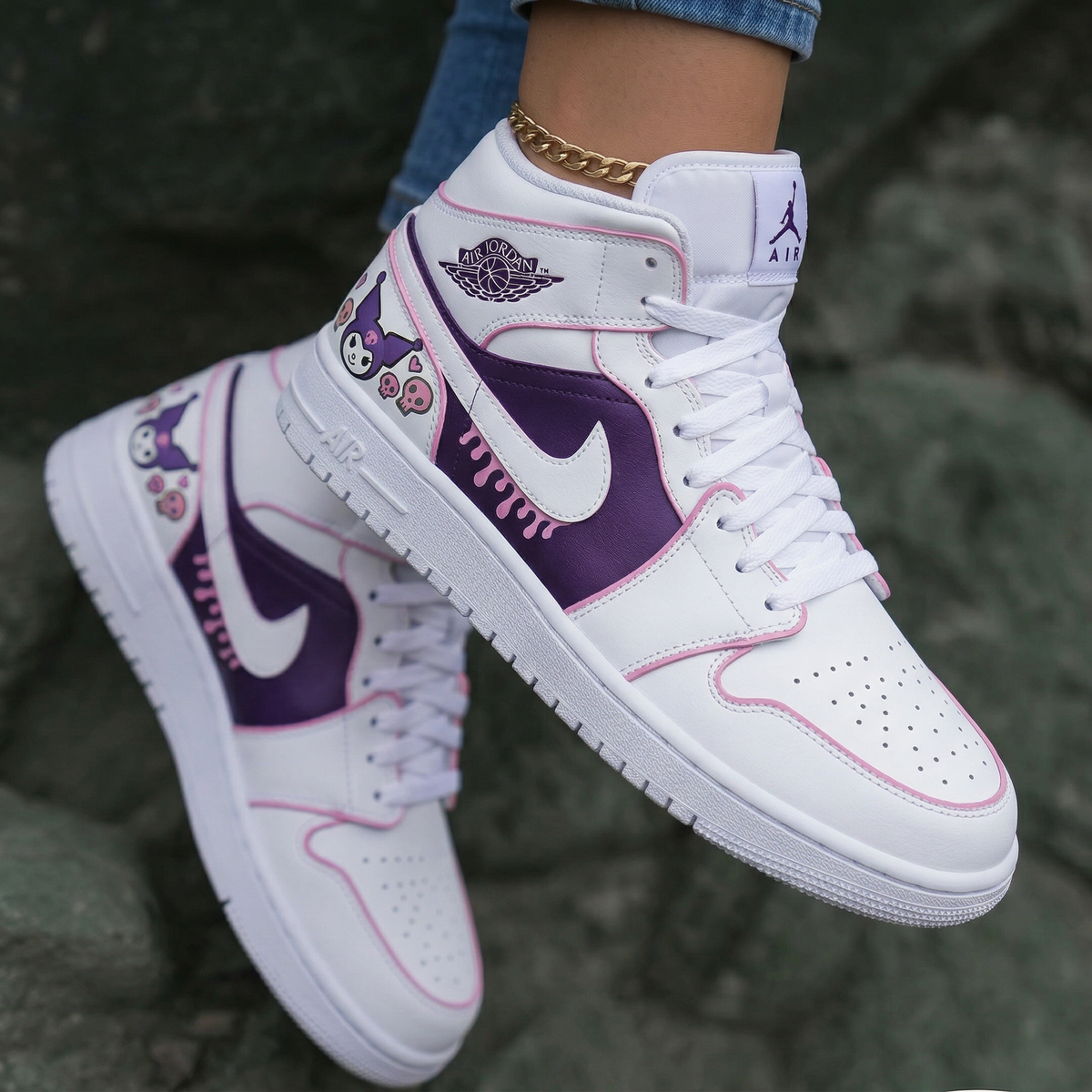 Kuromi Skulls Hearts Drip Purple Baby Pink Custom Air Jordan 1
