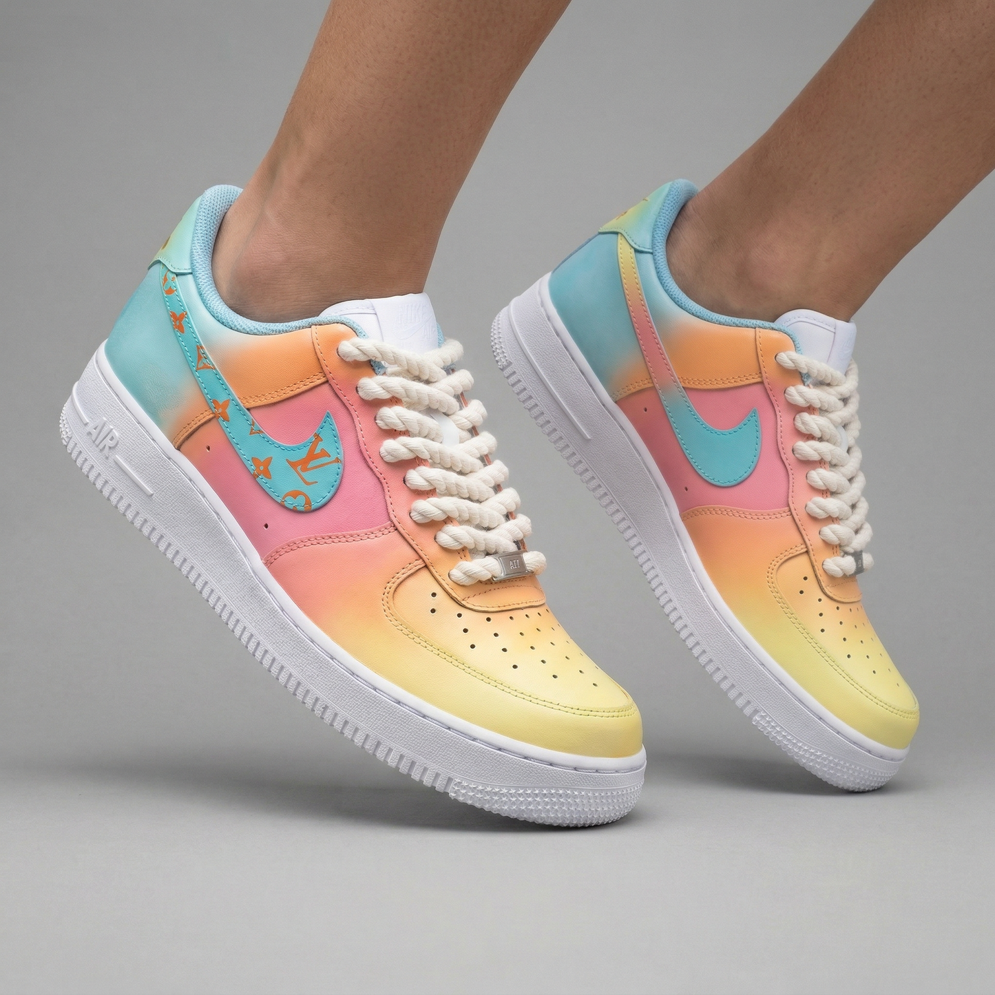 LV Logo Baby Blue Pink Yellow Orange Gradient Custom Air Force 1