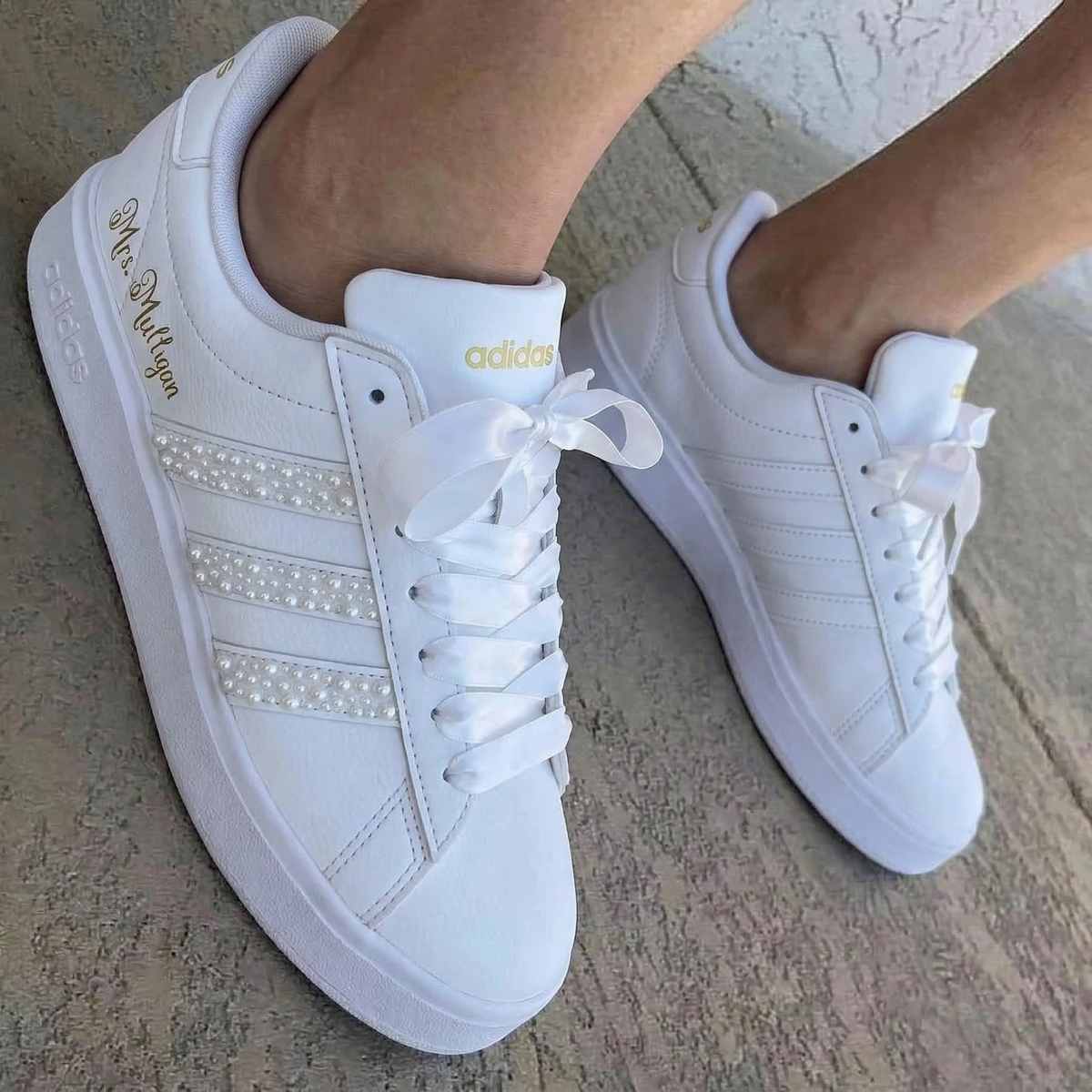 Pearl Embellished Satin Lace Gold Lettering White Gold Weeding Custom Adidas