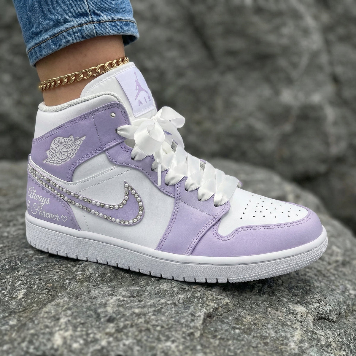 Pearl Rhinestone Swoosh Always Forever Lavender White Custom Air Jordan 1