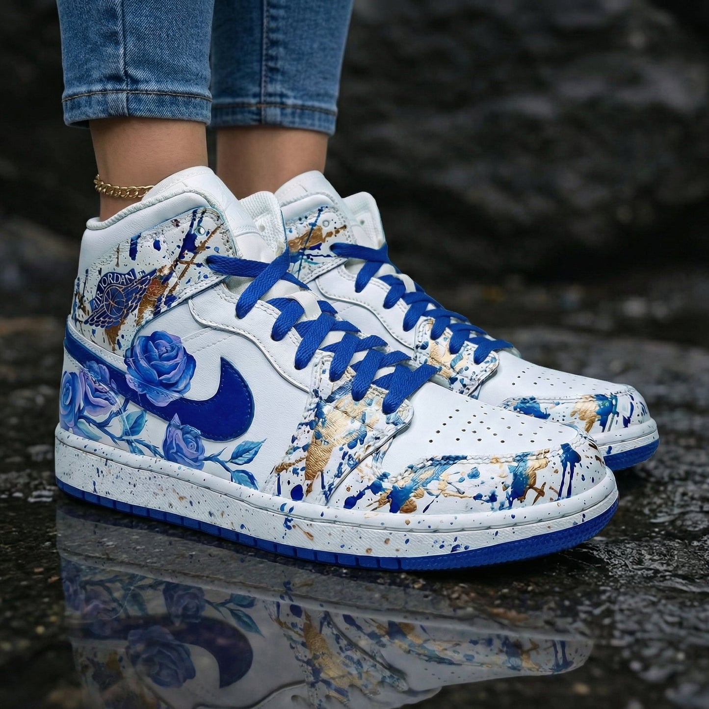 Rose Splatter Blue Gold Custom Air Jordan 1