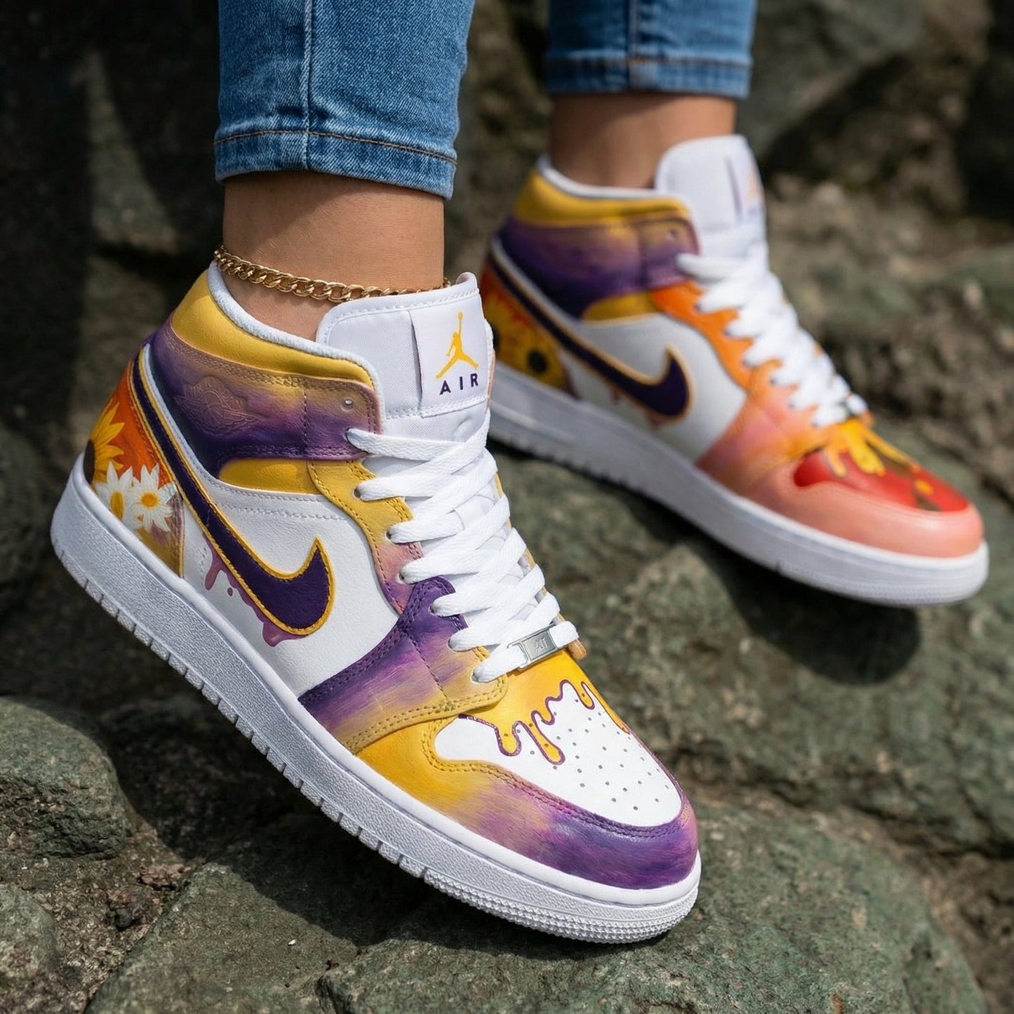 Sunflower Daisy Pattern Purple Yellow Custom Air Jordan 1