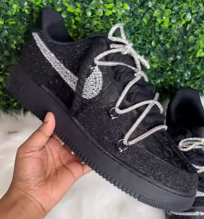 Hand Painted Black Rhinestone Custom Air Force 1 Sneakers