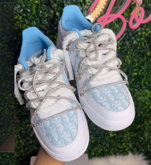 Hand Painted Baby Blue Rhinestone Custom Air Force 1 Shoes