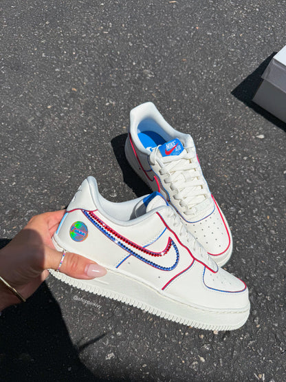 Custom Hand Painted Red Blue Rhinestone Air Force 1 Sneakers