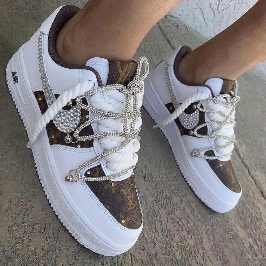 Brown Monogram Print Rhinestones Thick Laces Custom Air Force 1 LV inspired Sneakers