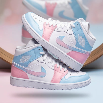 Hand Painted Pink Blue Custom Air Jordan 1 Mid Sneakers