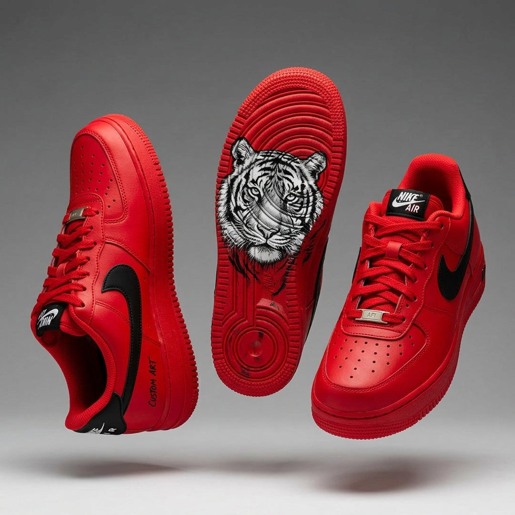Red Black Hand Painted Tiger Custom Air Force 1 Sneakers