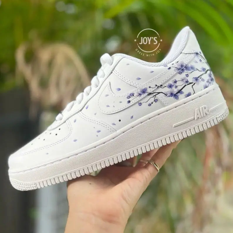 Hand-Painted Purple Cherry Blossom Custom Air Force 1, Delicate Falling Floral Petal Design with Optional Gradient Purple Laces Custom Sneakers, Aesthetic Unique Casual Shoes for Men & Women
