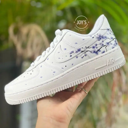 Hand-Painted Purple Cherry Blossom Custom Air Force 1, Delicate Falling Floral Petal Design with Optional Gradient Purple Laces Custom Sneakers, Aesthetic Unique Casual Shoes for Men & Women