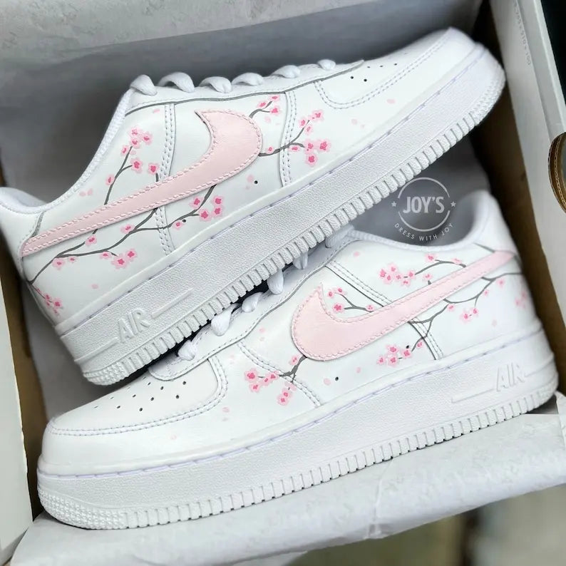 Hand Painted Pink Sakura Cherry Blossom Custom Air Force 1, Cute Aesthetic Floral Design Custom Sneakers with Optional Matching Shoelaces for Women Girls