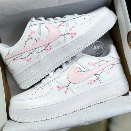 Hand Painted Pink Sakura Cherry Blossom Custom Air Force 1, Cute Aesthetic Floral Design Custom Sneakers with Optional Matching Shoelaces for Women Girls