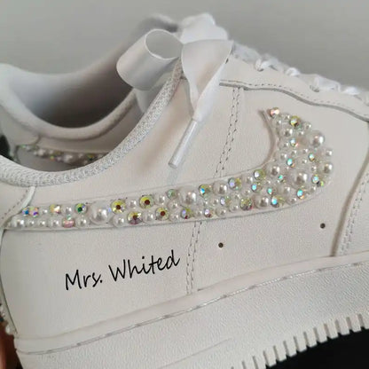 Personalized Bridal Pearl & Iridescent Rhinestone Custom Air Force 1, Custom Name Wedding Date White Satin Lace Custom Sneakers for Bride
