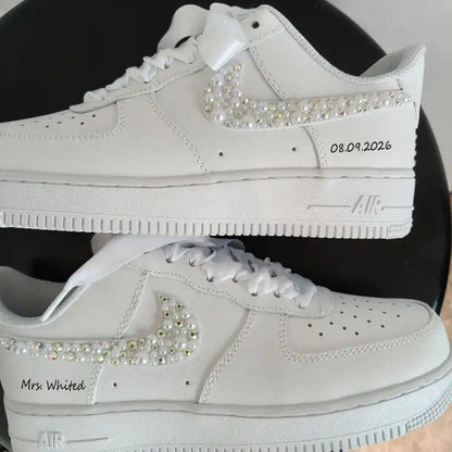 Personalized Bridal Pearl & Iridescent Rhinestone Custom Air Force 1, Custom Name Wedding Date White Satin Lace Custom Sneakers for Bride