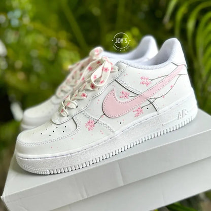 Hand Painted Pink Sakura Cherry Blossom Custom Air Force 1, Cute Aesthetic Floral Design Custom Sneakers with Optional Matching Shoelaces for Women Girls