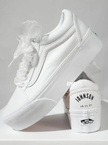 Custom Air Force 1 White Pearl Decor Bridal Custom Sneakers, Personalized Platform Wedding Shoes with Organza Ribbon Laces, Customizable Name & Date Non-slip Bride Wedding Trainers