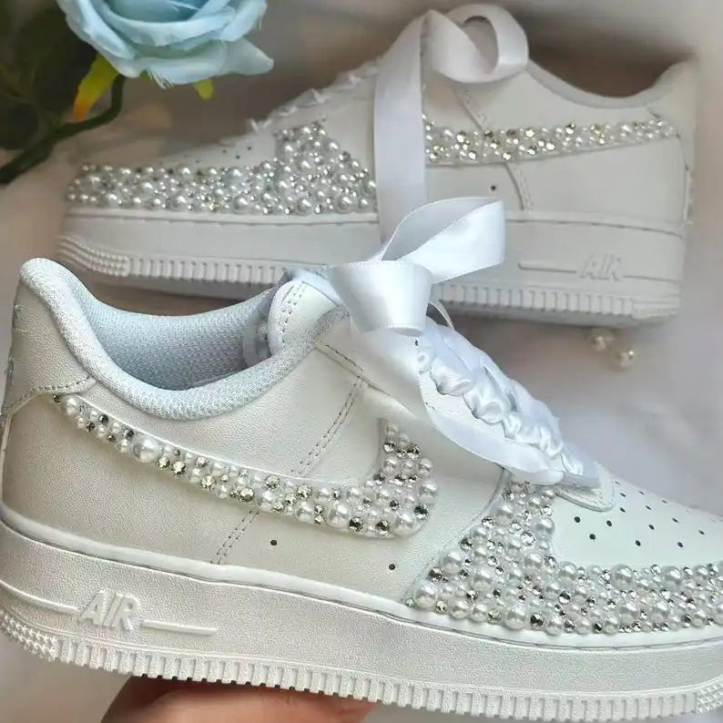 Personalized Name Date Pearl Rhinestone Decor Bridal Wedding custom air force 1, White Satin Bow Lace Comfortable Bride custom sneakers