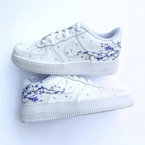 Hand-Painted Purple Cherry Blossom Custom Air Force 1, Delicate Falling Floral Petal Design with Optional Gradient Purple Laces Custom Sneakers, Aesthetic Unique Casual Shoes for Men & Women