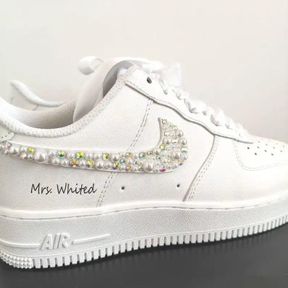Personalized Bridal Pearl & Iridescent Rhinestone Custom Air Force 1, Custom Name Wedding Date White Satin Lace Custom Sneakers for Bride