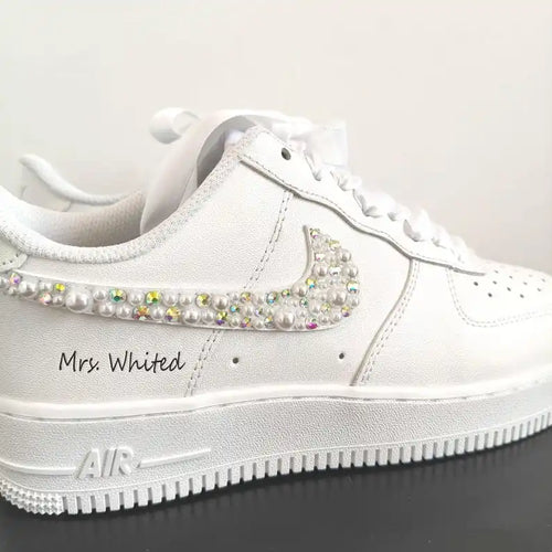 Personalized Bridal Pearl & Iridescent Rhinestone Custom Air Force 1, Custom Name Wedding Date White Satin Lace Custom Sneakers for Bride