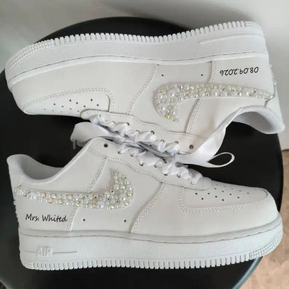 Personalized Bridal Pearl & Iridescent Rhinestone Custom Air Force 1, Custom Name Wedding Date White Satin Lace Custom Sneakers for Bride