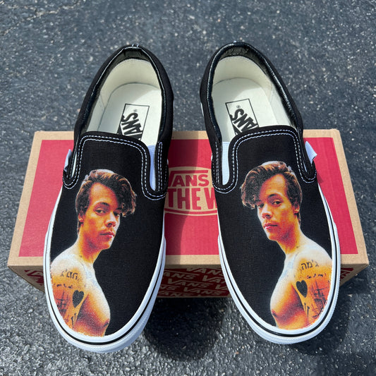 Harry Styles Custom Sneakers - Black Slip On Vans