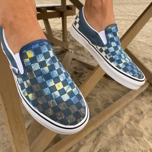 Checkerboard Starry Night - Custom Slip Ons - Custom Vans Shoes