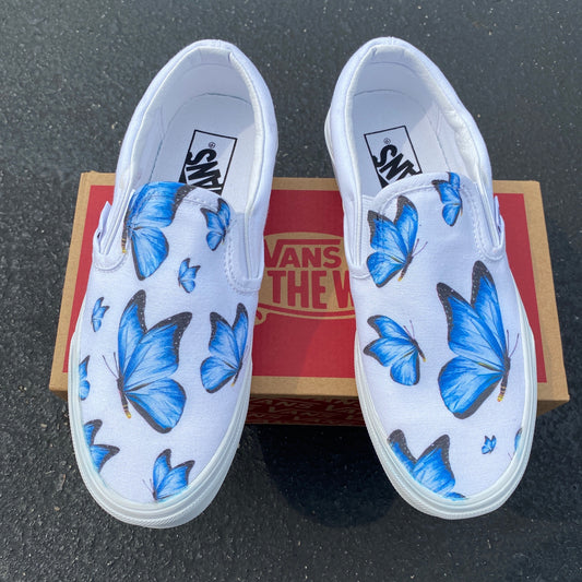 Blue Butterfly - White Slip Ons - Custom Vans Shoes