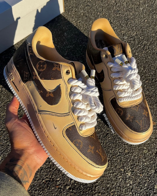 Custom Hand Painted Beige Monogram Air Force 1 Sneakers