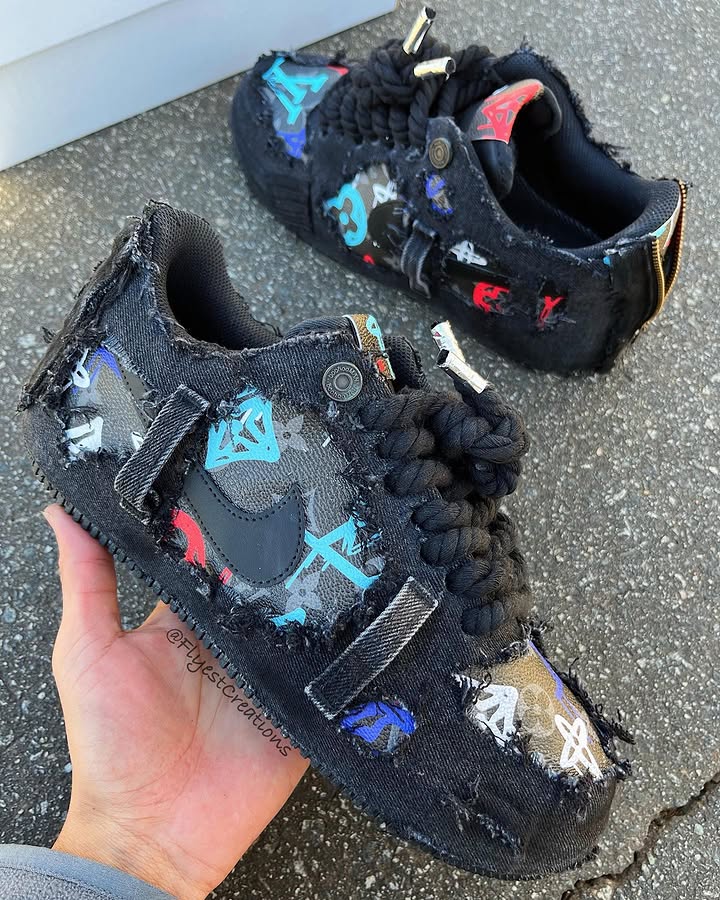 Custom Hand Painted Distressed Black Denim Air Force 1