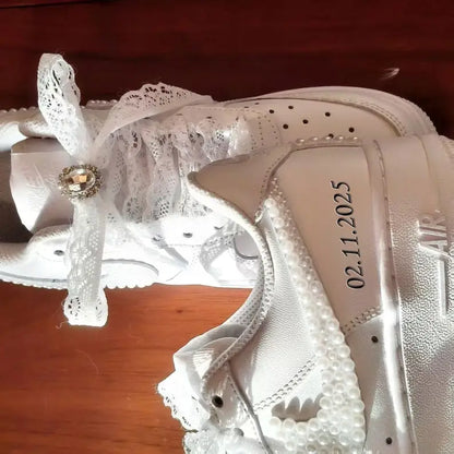 Personalized Name Date Pearl Lace Bridal Custom Air Force 1, Handmade Wedding Custom Sneakers for Bride