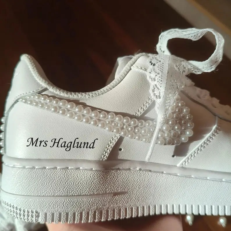 Personalized Name Date Pearl Lace Bridal Custom Air Force 1, Handmade Wedding Custom Sneakers for Bride