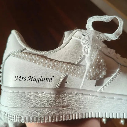 Personalized Bride & Groom Wedding Custom Sneakers, Custom Air Force 1 Pearl Bridal Shoes for Newlywed Wifey and Husband