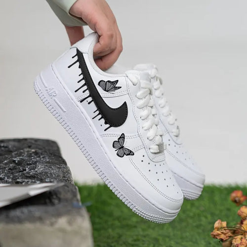 Black Butterfly Drip Hand Painted Custom Air Force 1, Unique Aesthetic Personalized Custom Sneakers