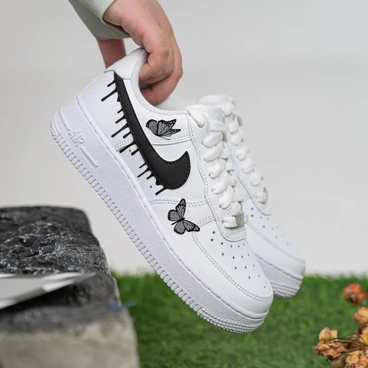 Black Butterfly Drip Hand Painted Custom Air Force 1, Unique Aesthetic Personalized Custom Sneakers